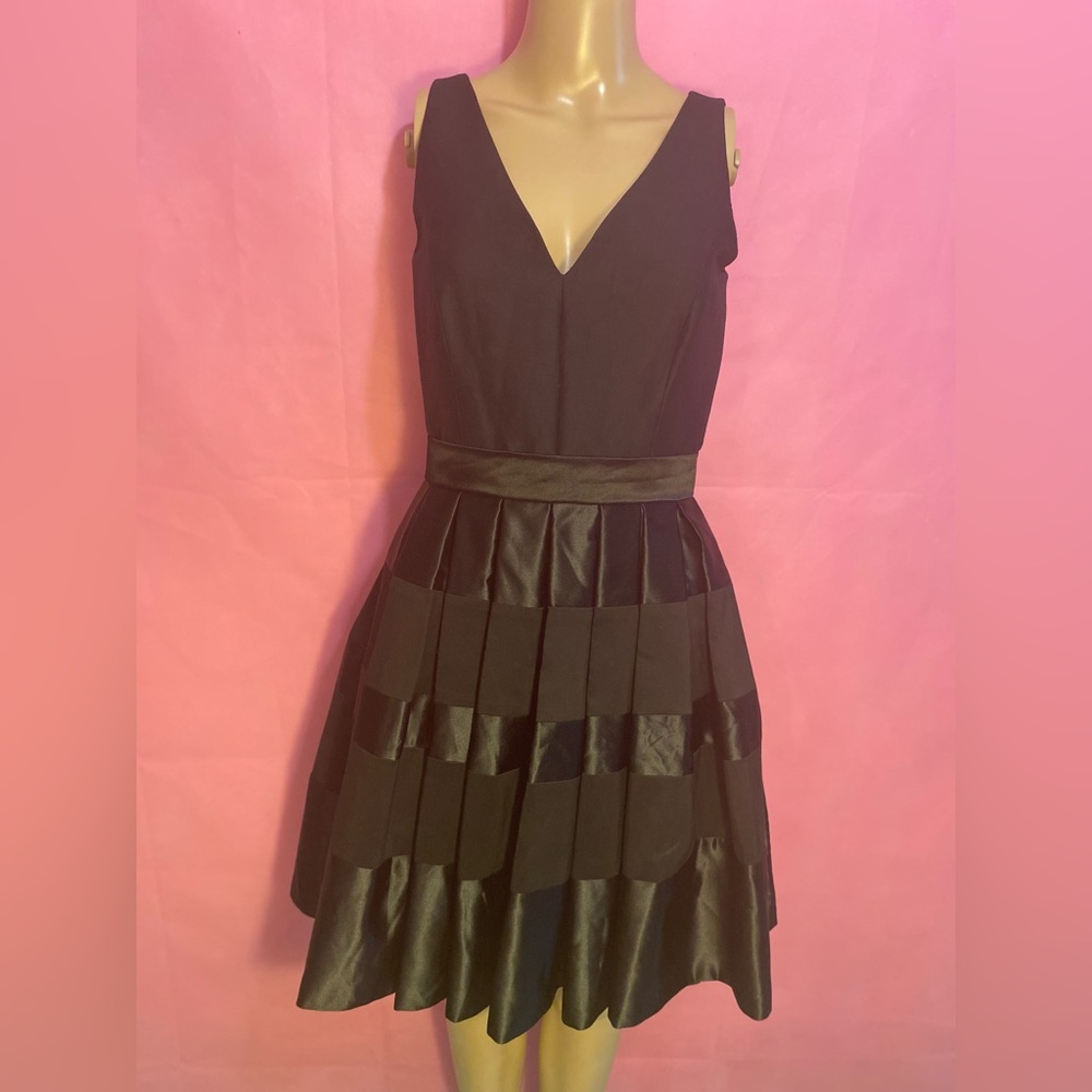 Halston Heritage vneck black satin striped dress
